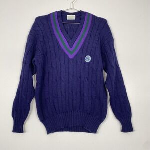 Wimbledon Sweater Mens XL Purple Tennis V Neck Kent & Curwen Cable Knit Wool